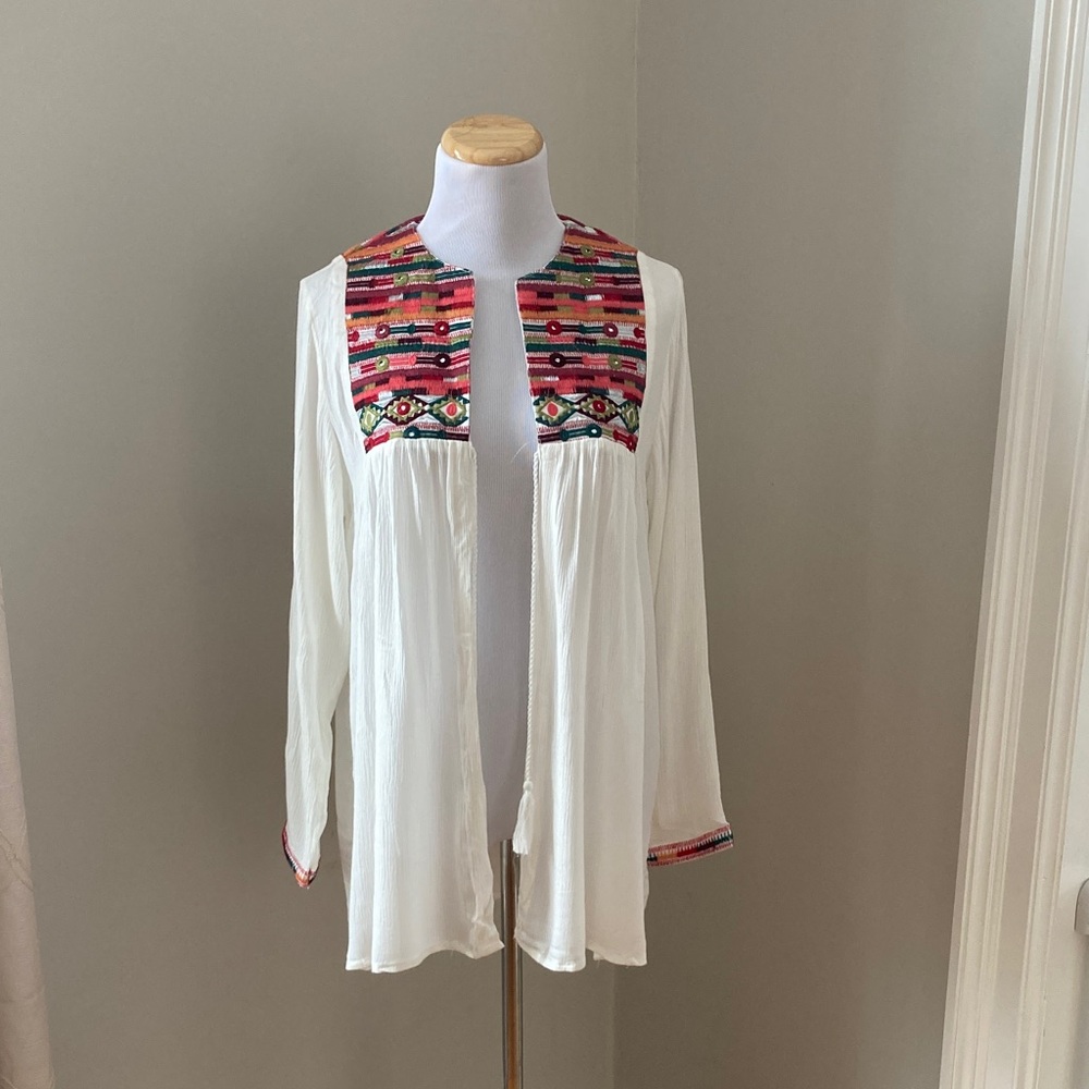 White Boho Cardigan with Multicolor Embroidery